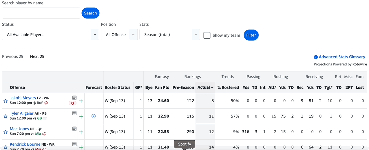 Me fumbling (get it? 🏈) with Yahoo!'s player research page